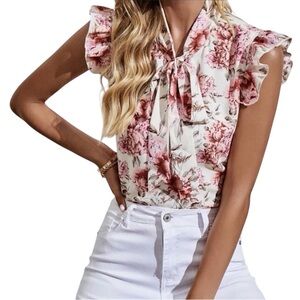 Floral Tie Neck Blouse - Pink and White
